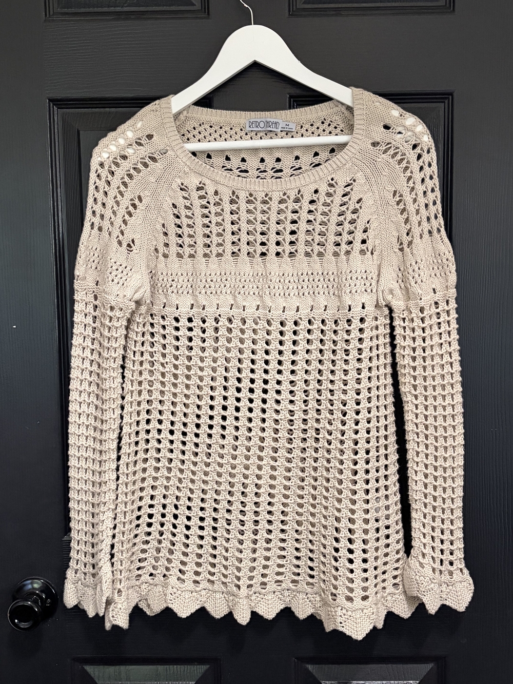 Retro Threads Boho Open Knit Long Sleeve Sweater Top Cream Tan Medium Festival